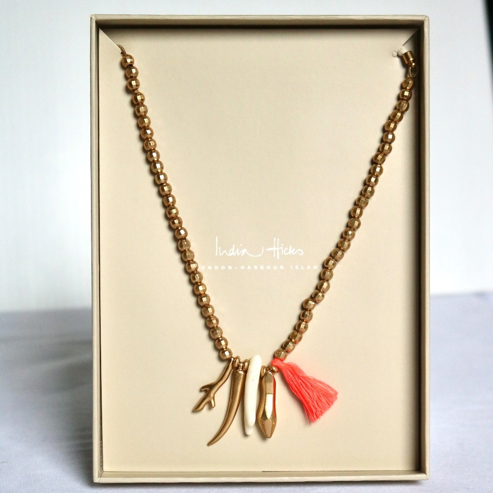 NWT India Hicks Golden Earth Necklace Tassel Horn Snake Bone Gold Beads Summer